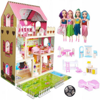 Groot houten poppenhuis met poppen en verlichting