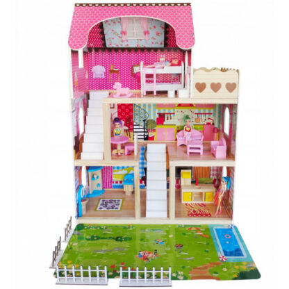 Groot houten poppenhuis met poppen en verlichting - Afbeelding 2